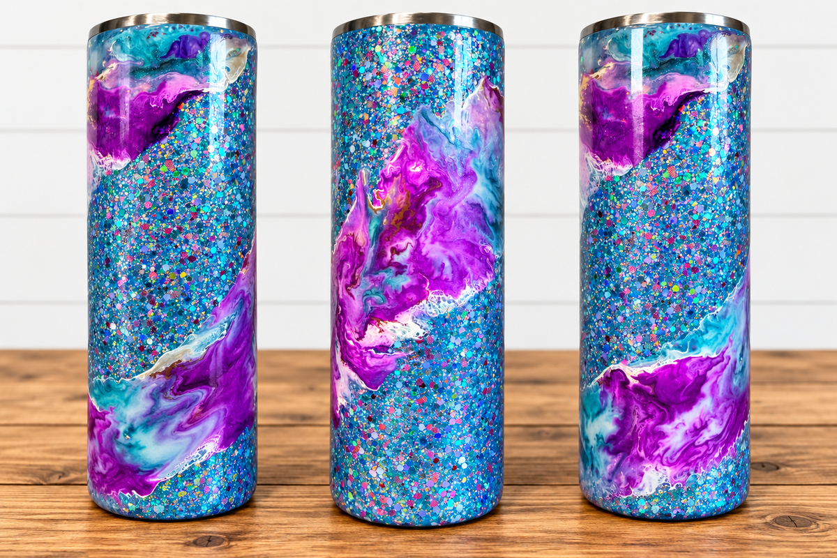 20 oz Skinny - blue glitter glow in the dark